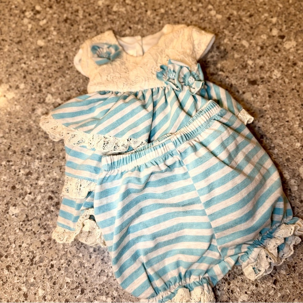 Isobella & Chloe Baby Girl's Blue and Cream Matching Set with Ruffles -9M⭐👶 - Picture 4 of 6